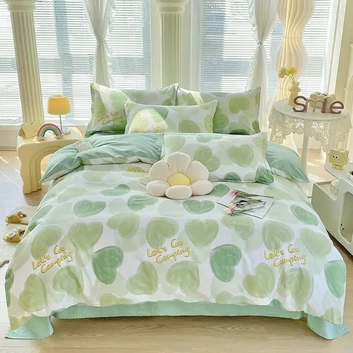 Soft mint green and white heart-patterned cotton printed bedding set with gold foil text and matching pillow sham decorbites cotton printed