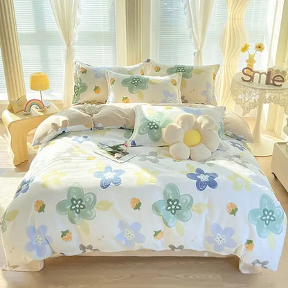 Pastel pink and white floral decorbites cotton printed bedding set with soft cotton fabric and plush flower pillow accent