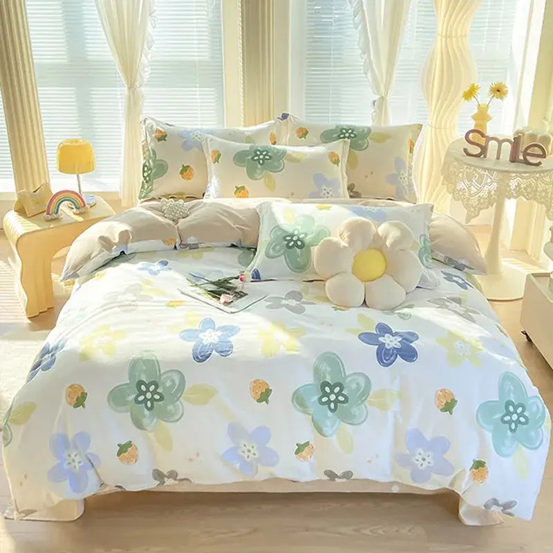 Pastel pink and white floral decorbites cotton printed bedding set with soft cotton fabric and plush flower pillow accent