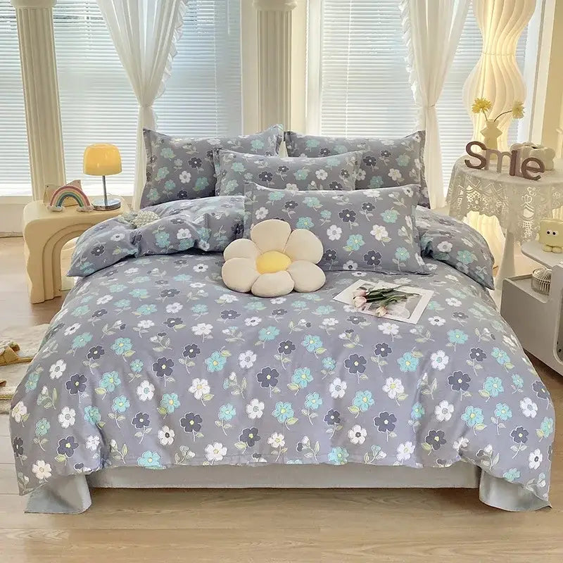 Gray floral bedding set with white light blue and dark gray flowers on soft cotton printed fabric by decorbites