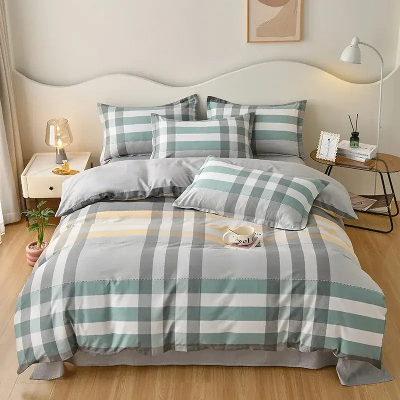 Gray and teal plaid decorbites cotton printed bedding set with matching pillows soft satin finish for bedroom decor