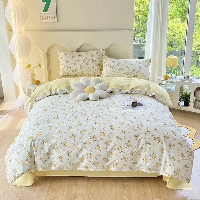 Yellow floral cotton printed bedding set with decorbites cotton printed duvet cover and plush white daisy cushion