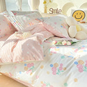 Pastel pink and white floral decorbites cotton printed bedding set with soft satin finish for elegant bedroom decor
