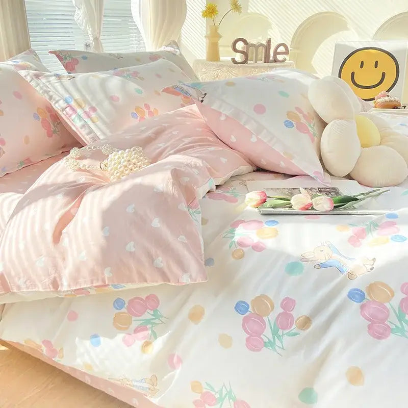 Pastel pink and white floral decorbites cotton printed bedding set with soft satin finish for elegant bedroom decor
