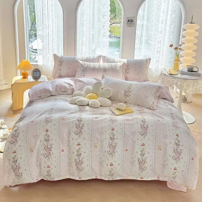 Pastel floral-patterned pink and white decorbites cotton printed bedding set in soft satin finish cotton blend fabric