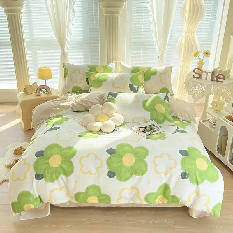 White duvet cover with green and yellow floral pattern in pink and white decorbites cotton printed bedding set