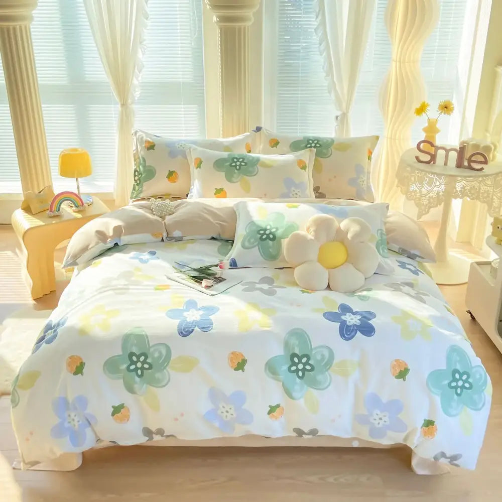 Floral-patterned white bedding set with cotton printed soft pastel flowers in blue green and yellow decorbites cotton printed
