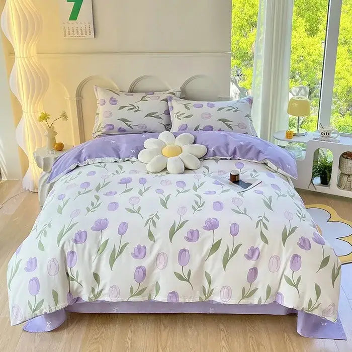 Lavender tulip patterned pink and white floral cotton printed bedding set with soft white and green accents decorbites cotton printed