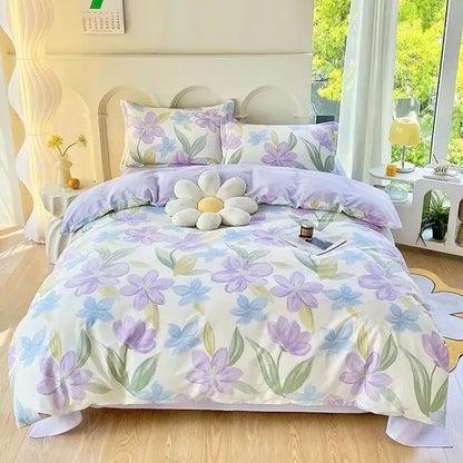 Pastel purple and blue floral decorbites cotton printed bedding set with soft cream base and satin finish