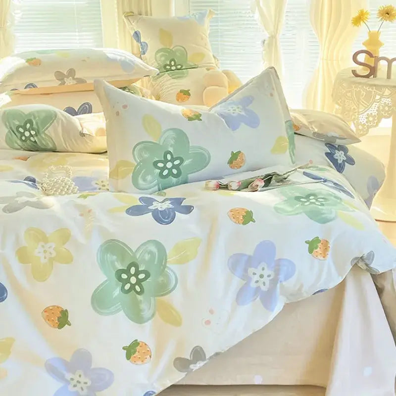 Pastel floral and strawberry patterned cotton printed bedding set in soft mint lavender and yellow by decorbites cotton printed
