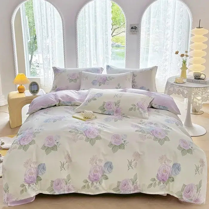 Soft pastel floral cotton printed bedding set with lavender and blue roses on creamy white decorbites cotton printed fabric