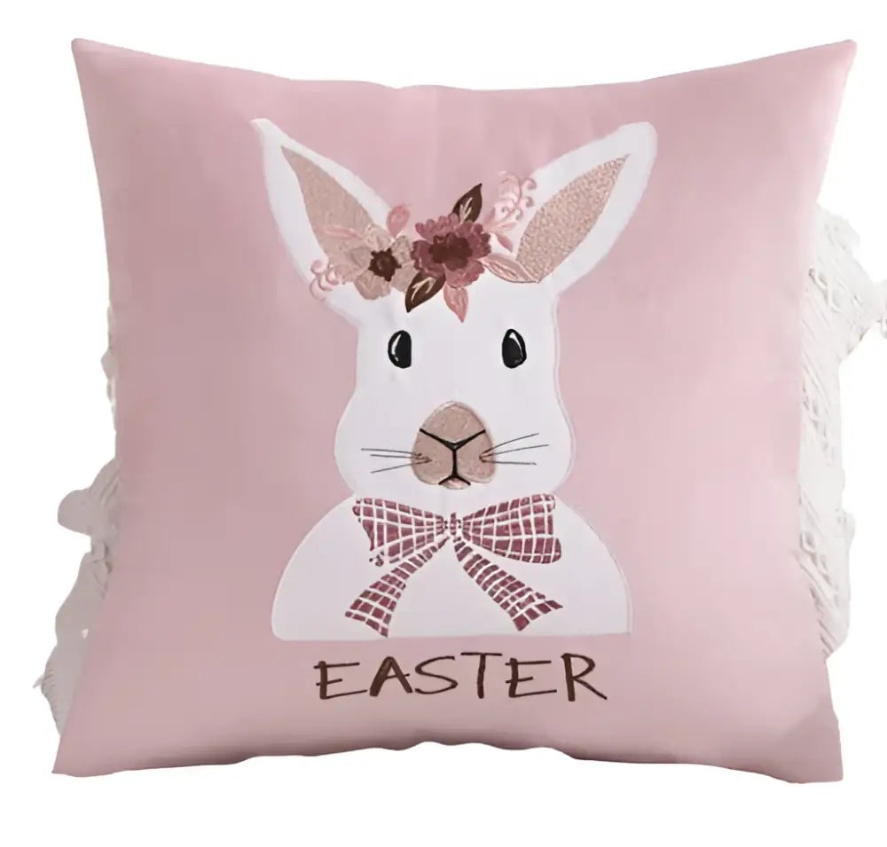 Pink plush cushion cover featuring an embroidered white bunny with floral crown and easter lettering for decorbites bunny cushion decor