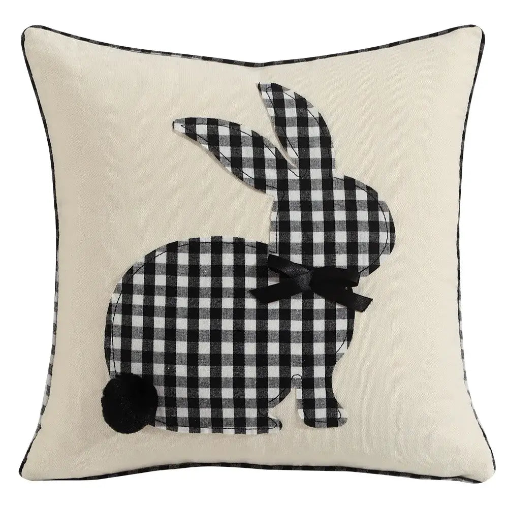 Cream-colored cushion cover with black and white gingham decorbites bunny cushion appliqué and floral embroidery decor