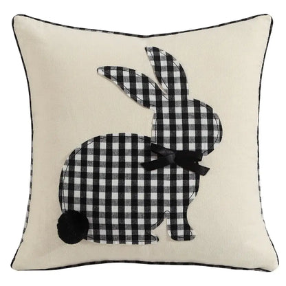 Cream-colored cushion cover with black and white gingham decorbites bunny cushion appliqué and floral embroidery decor