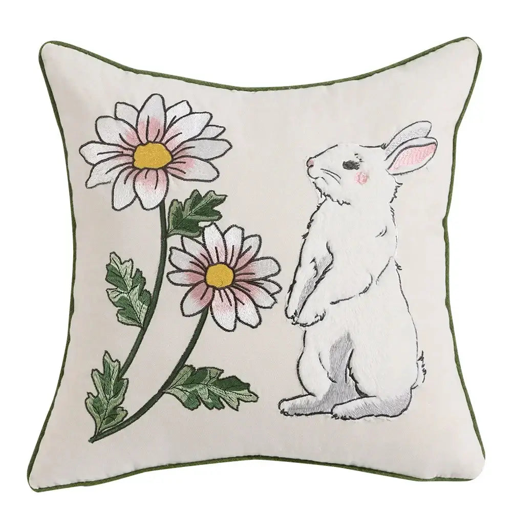 Off-white cushion cover with embroidered white rabbit and pink daisies decorbites bunny cushion for living room decor