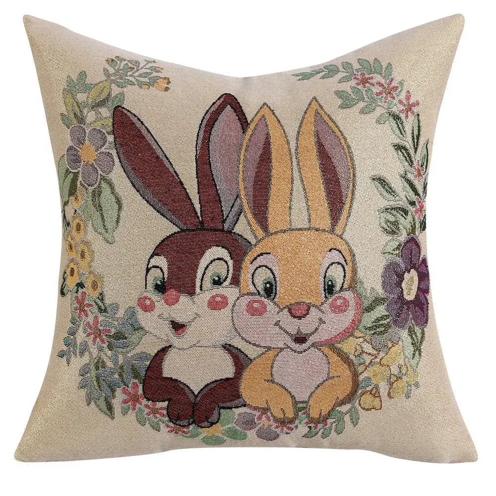 Beige embroidered cushion cover with two cartoon bunnies and floral wreath for living room decorbites bunny cushion