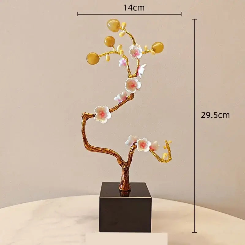 Pink and white golden tree crystal ball statue with delicate blossoms and amber orbs on black base for living room decorbites decor
