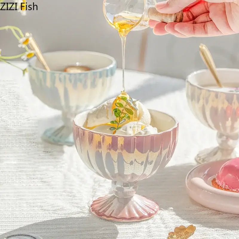Pastel pink ceramic dessert bowl with fluted ribbed design and pedestal base in decorbites gradient gloss ceramic style