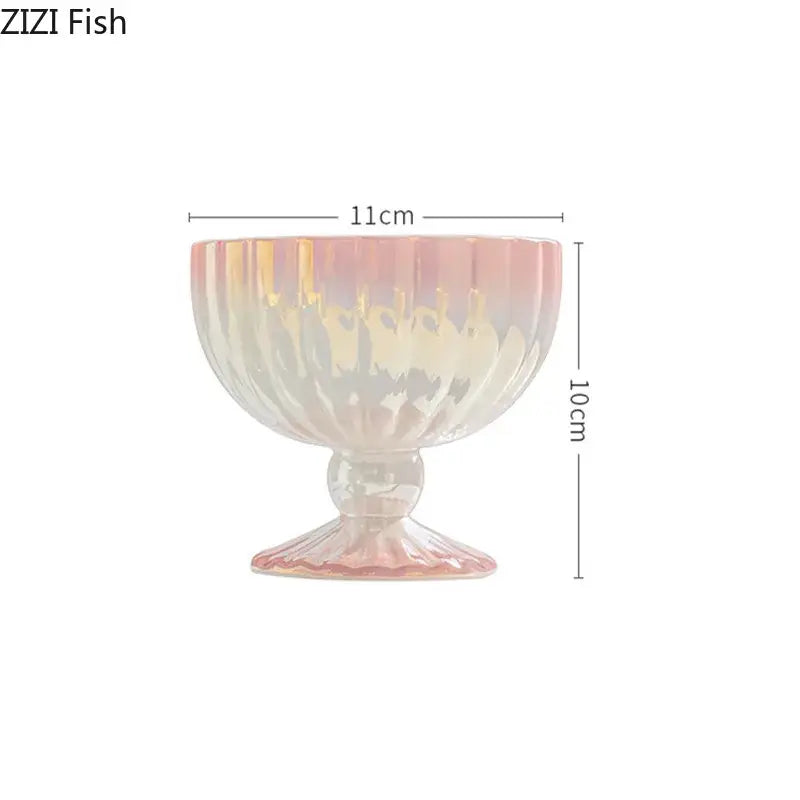 Pink and white gradient gloss ceramic dessert bowl with iridescent fluted rim and pedestal base for elegant dining decorbites gradient gloss