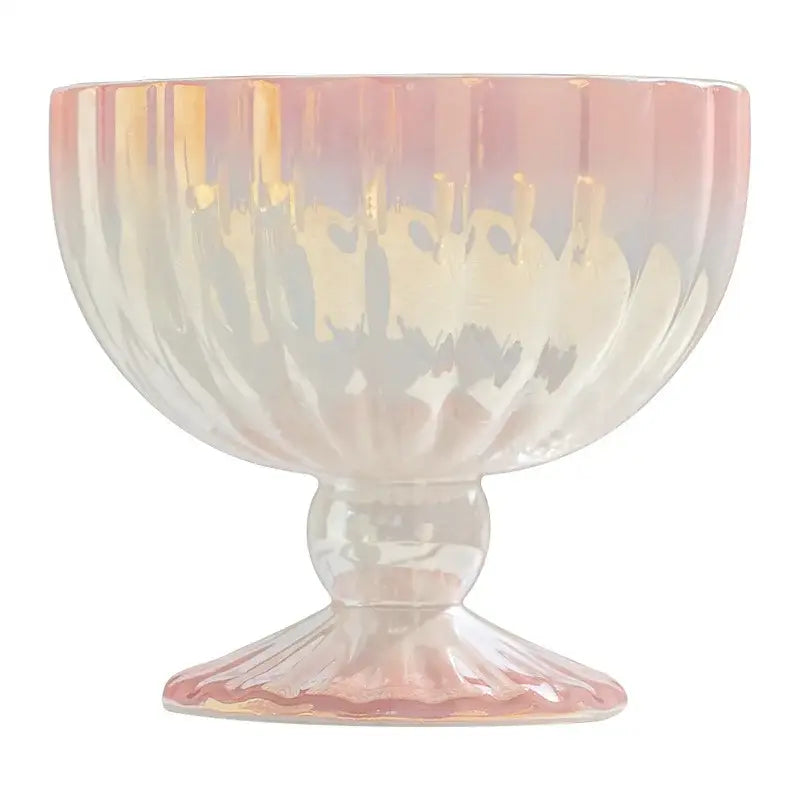 Pink and white gradient gloss ceramic dessert bowl with iridescent glass fluted rim and subtle gold hues by decorbites gradient gloss