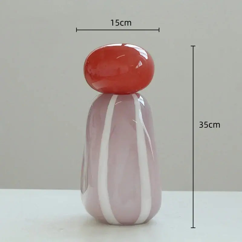 Glossy translucent lavender glass vase cover band with two white stripes and rounded red top for living room decor