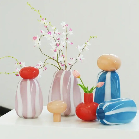 Pastel pink and white striped ceramic vase cover band with rounded glossy red top for living room decor