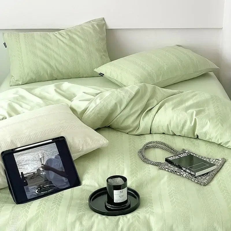 Mint green textured bedding set with matching pillows in decorbites jacquard cotton bedding for bedroom use