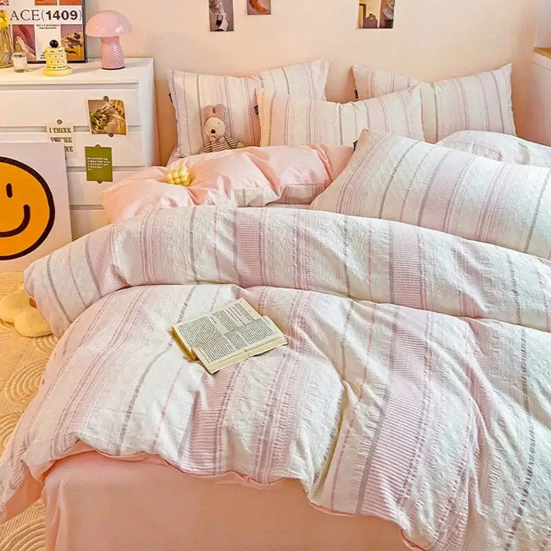Soft pink and white striped jacquard cotton bedding set with textured waffle-knit pattern by decorbites