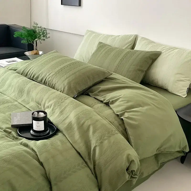 Olive green textured bedding set with woven pattern in decorbites jacquard cotton bedding for bedroom use