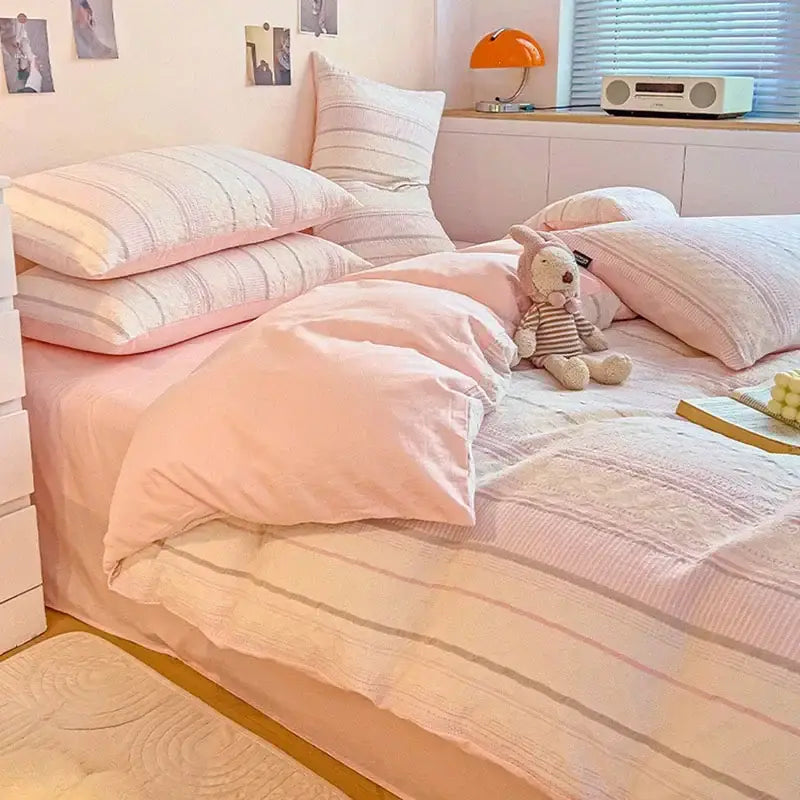 Pink and white striped jacquard cotton bedding set with soft textured fabric finish for bedroom decorbites jacquard cotton