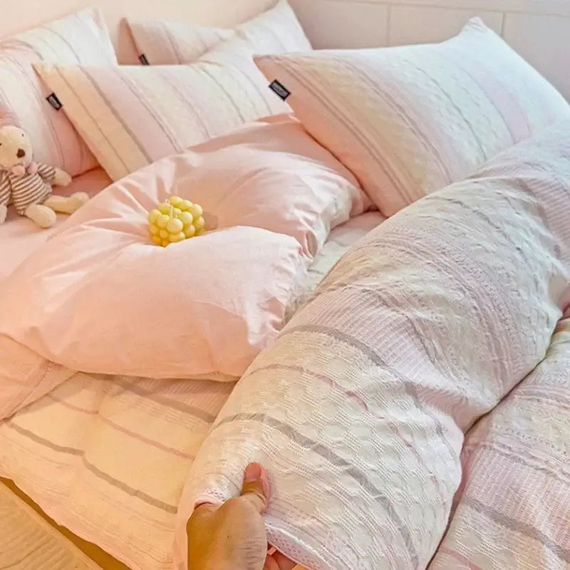 Pink and white striped jacquard cotton bedding set featuring a soft textured duvet cover for elegant bedroom decorbites jacquard cotton