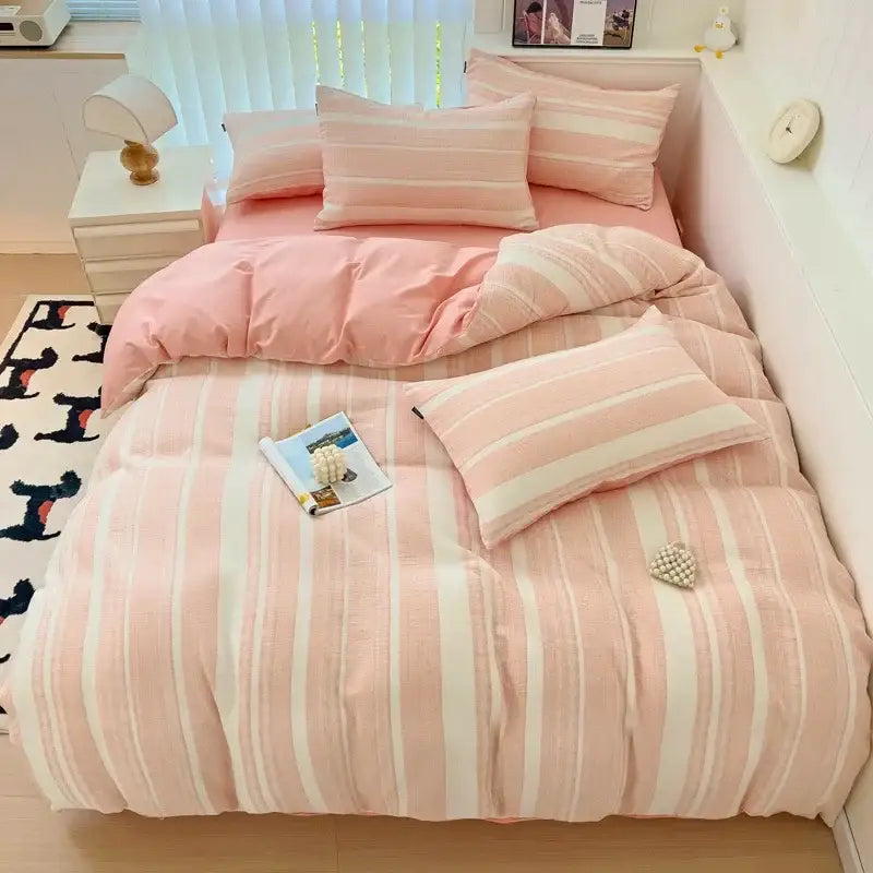 Pink and white striped jacquard cotton bedding set with soft quilted texture for bedroom decor by decorbites jacquard cotton