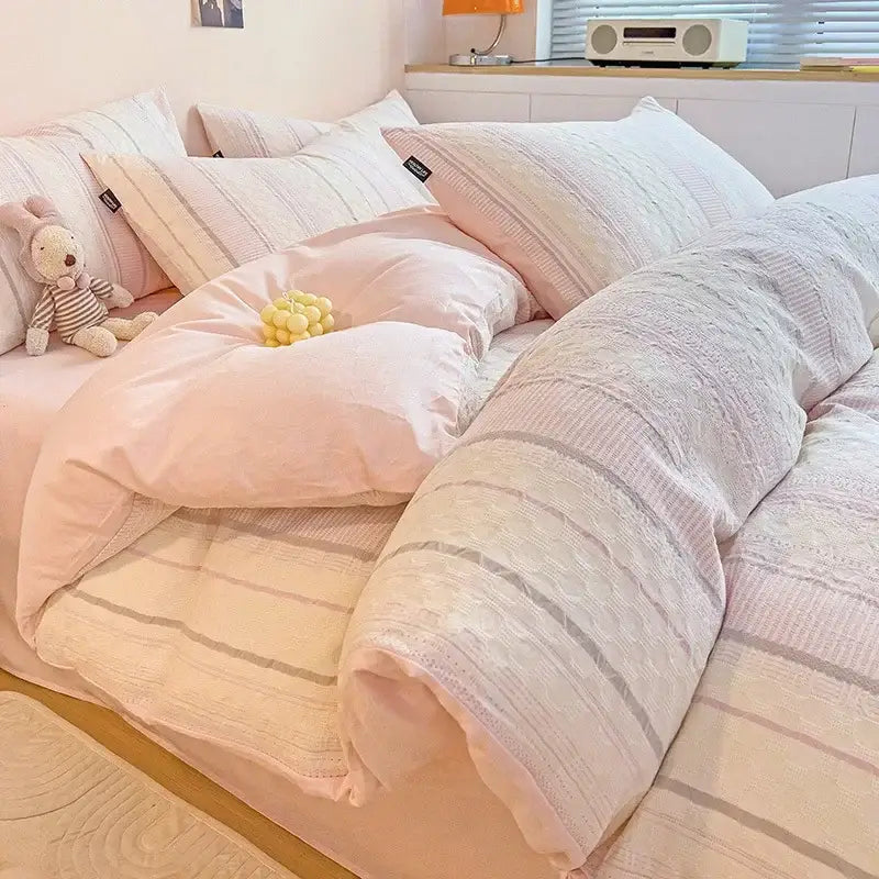 Soft pink and white striped jacquard cotton bedding set with cozy textured fabric for bedroom decorbites jacquard cotton