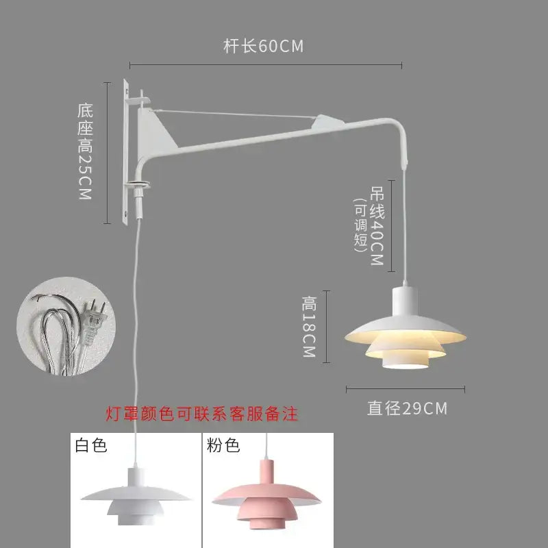 White adjustable wall lamp with swing arm and tiered shade design featuring wind rotating mechanism for bedroom use