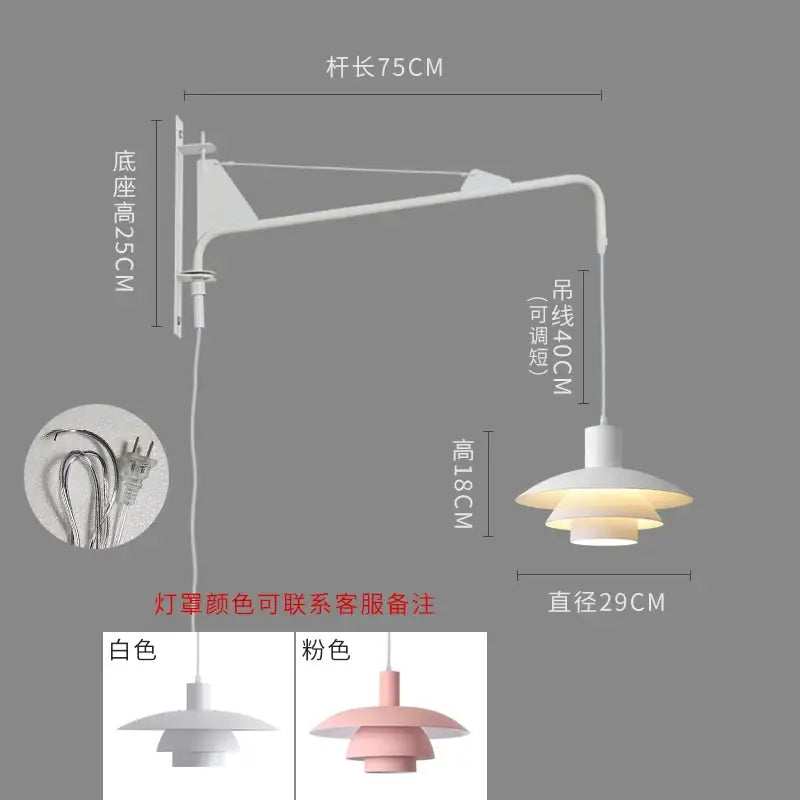 White adjustable wall lamp with tiered shade and swing arm for bedroom wind rotating light use