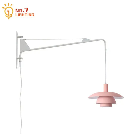 Pink tiered pendant wall lamp with white adjustable swing arm and wind rotating feature for bedroom use