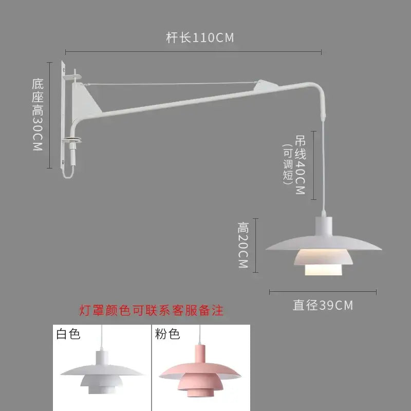 Pink and white tiered pendant wall lamp with adjustable swing arm and wind rotating hanging cord for bedroom use