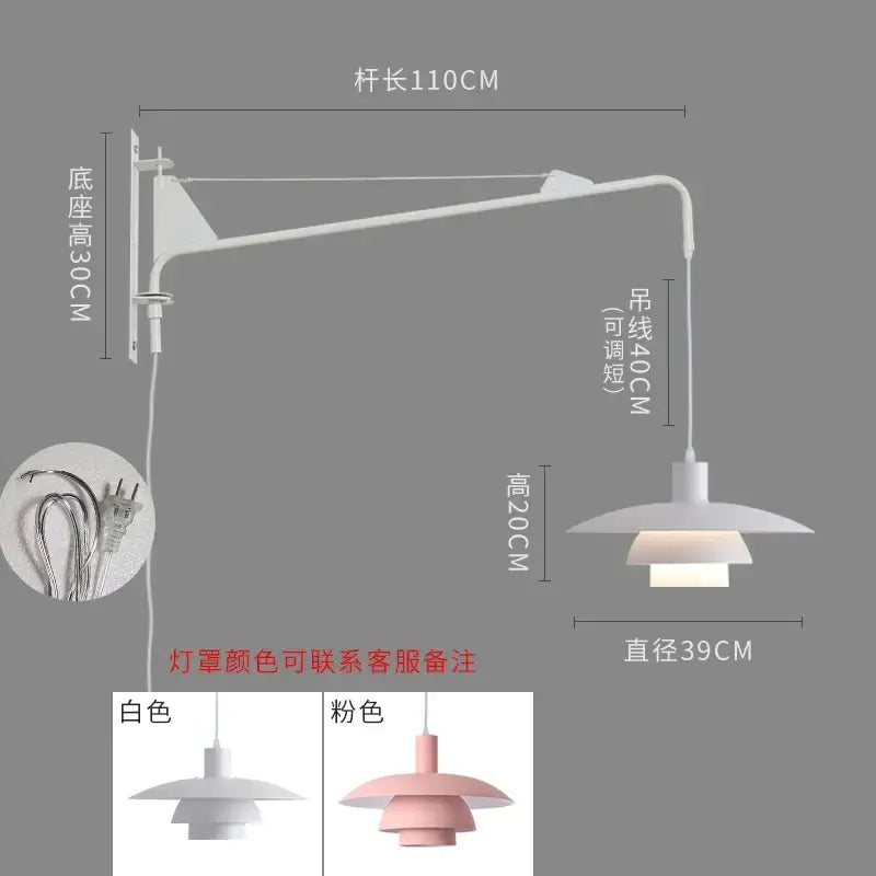 Pink and white tiered swing arm wall lamp with adjustable arm and wind rotating feature for bedroom lighting