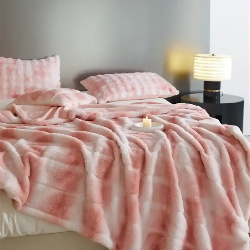 Pink and white gradient faux fur decorbites cozy fleece blanket with soft plush texture for bedroom throw use