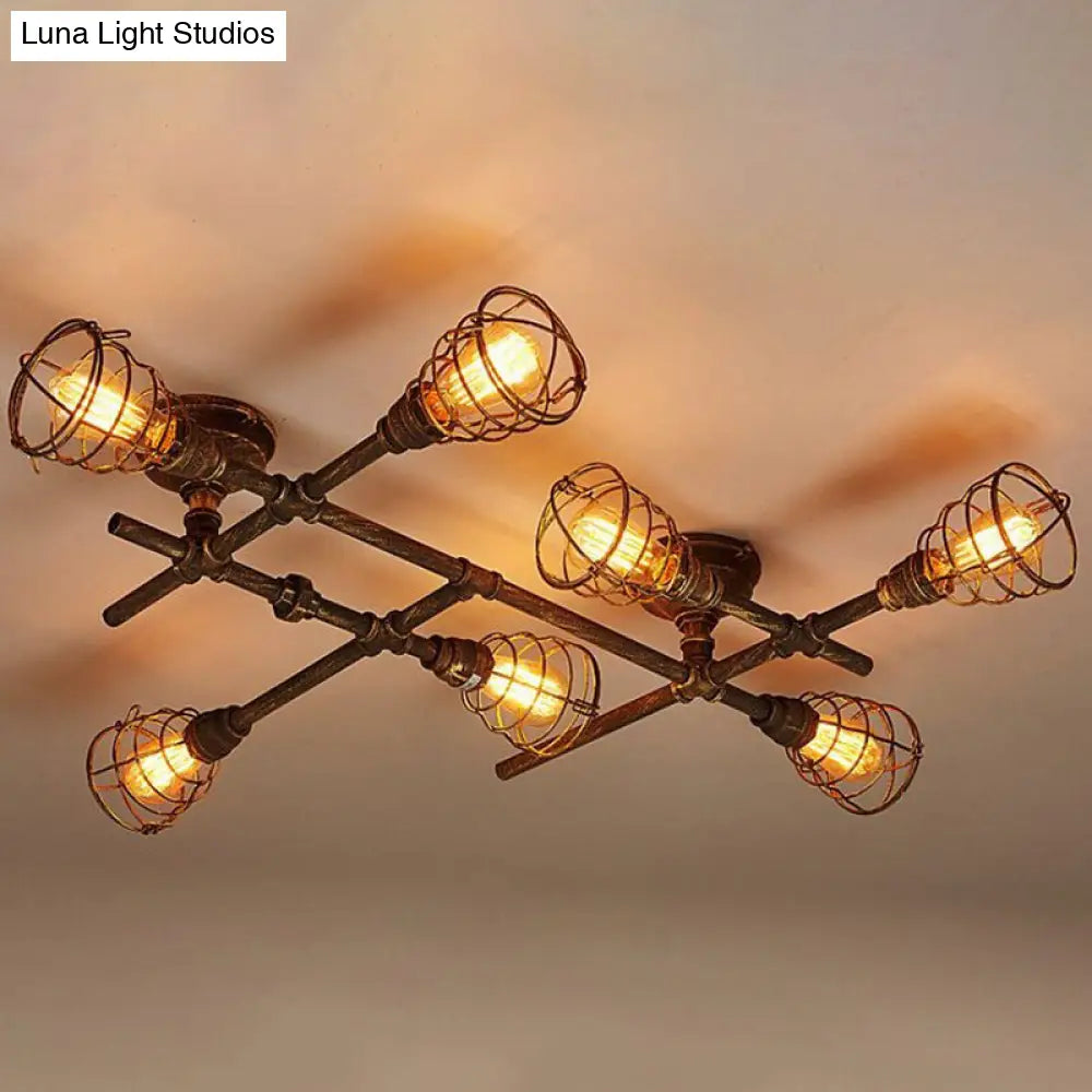 DecorBites™ DecorBites™ Piping Industrial Antiqued Bronze Metal Semi Flush Mount Ceiling Light with Cage
