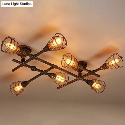 DecorBites™ DecorBites™ Piping Industrial Antiqued Bronze Metal Semi Flush Mount Ceiling Light with Cage
