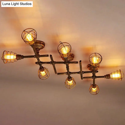 DecorBites™ DecorBites™ Piping Industrial Antiqued Bronze Metal Semi Flush Mount Ceiling Light with Cage