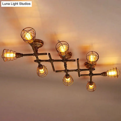 DecorBites™ DecorBites™ Piping Industrial Antiqued Bronze Metal Semi Flush Mount Ceiling Light with Cage