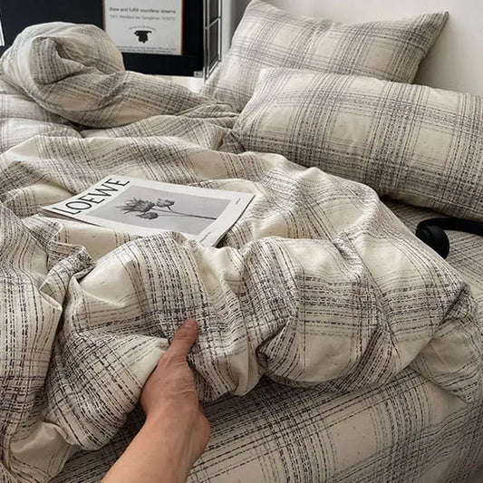 Plaid cream and charcoal cotton grid bedding set with subtle woven texture decorbites cotton grid duvet cover