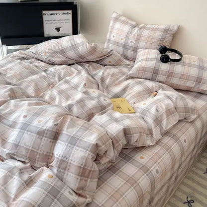 Plaid cream and charcoal cotton grid bedding set with soft pastel tones and subtle heart embroidery for decorbites cotton grid bedding