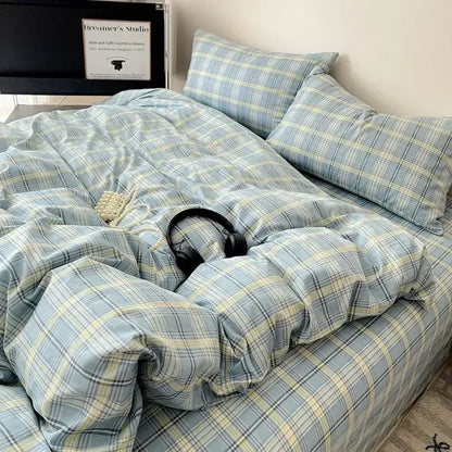 Plaid blue and yellow comforter bedding set with matching pillows made from decorbites cotton grid for bedroom decor