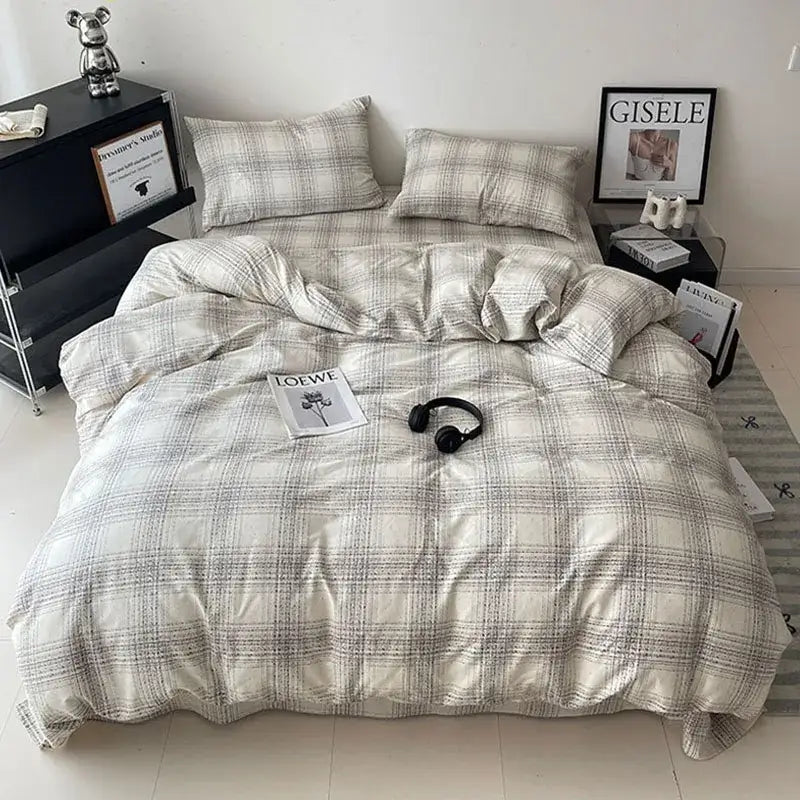 Plaid cream and charcoal cotton grid bedding set in soft cotton blend with subtle texture for cozy decorbites bedding set
