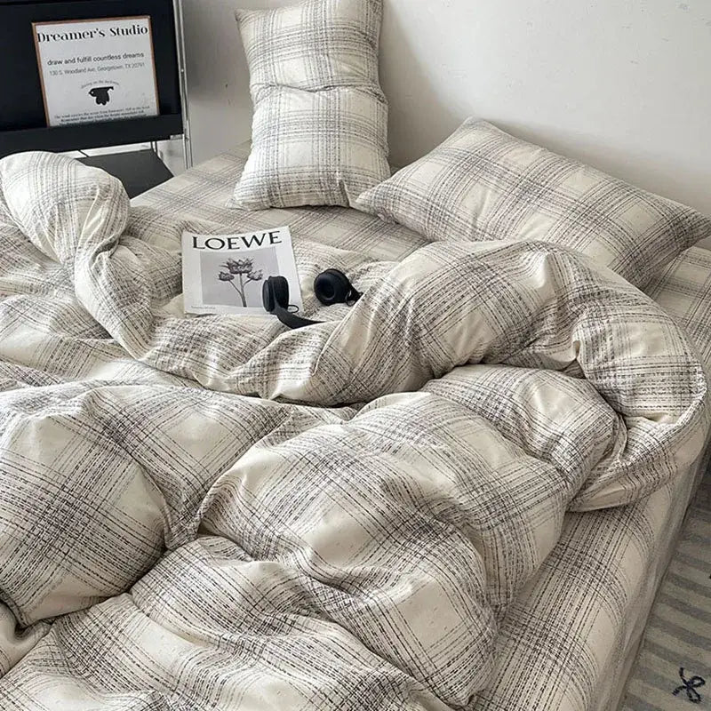 Plush cream-colored cotton grid bedding set with subtle gray plaid pattern for bedroom decorbites cotton grid use