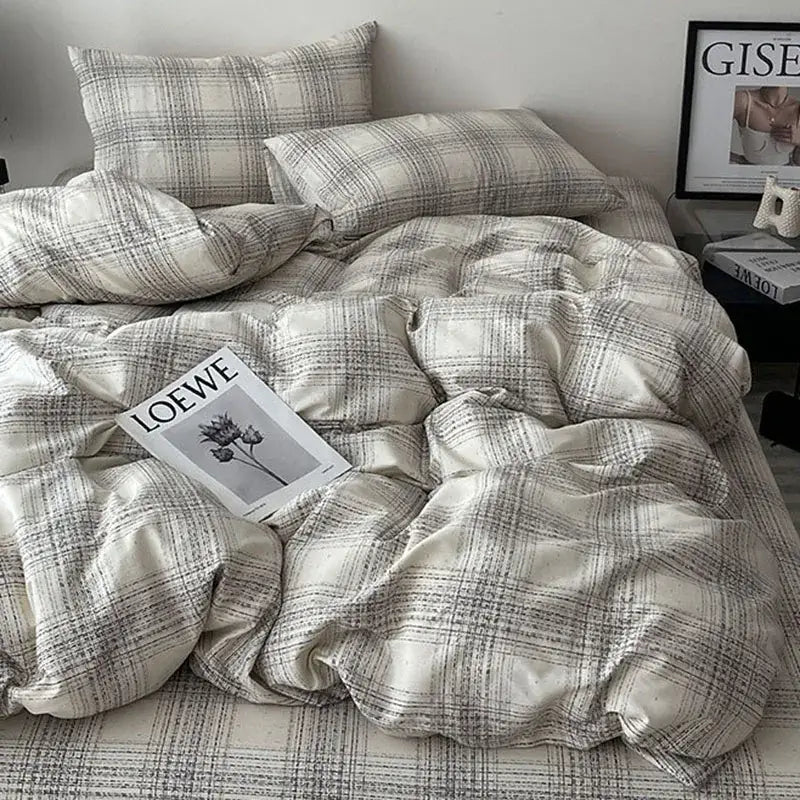 Plaid cream and charcoal cotton grid bedding set with cozy quilted texture for bedroom decorbites cotton grid bedding