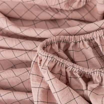 Pink linen cotton fitted sheet with subtle black grid pattern and elasticized hem for bedroom decorbites cotton fitted use